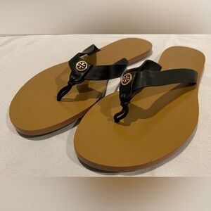 TORY BURCH Manon Black Leather Tan Thong Sandals Women’s Size 8